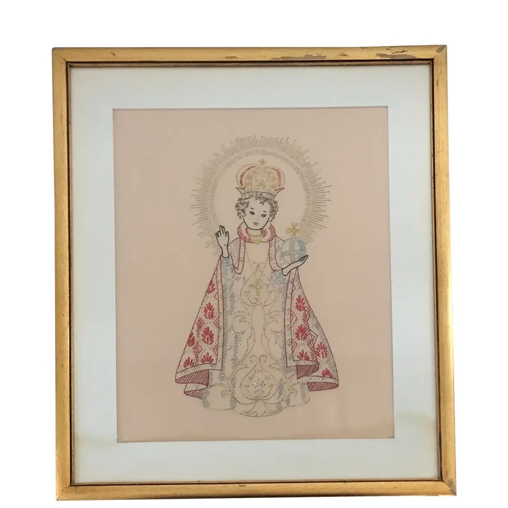 Vintage Embroidered Child of Prague/ Infant Jesus/ Santo Nino - Framed